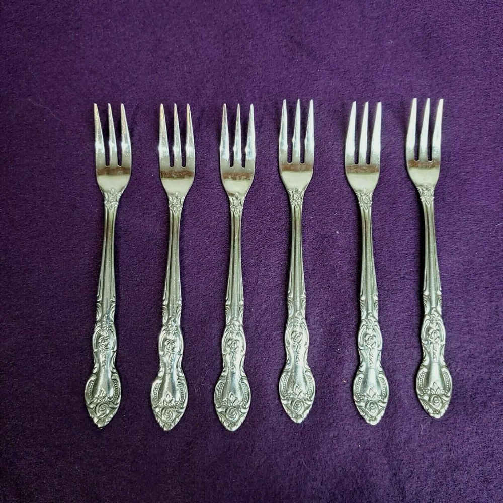 6 Imperial International Stainless Steel Seafood Forks 18CR Floral Scrolls 5.75"